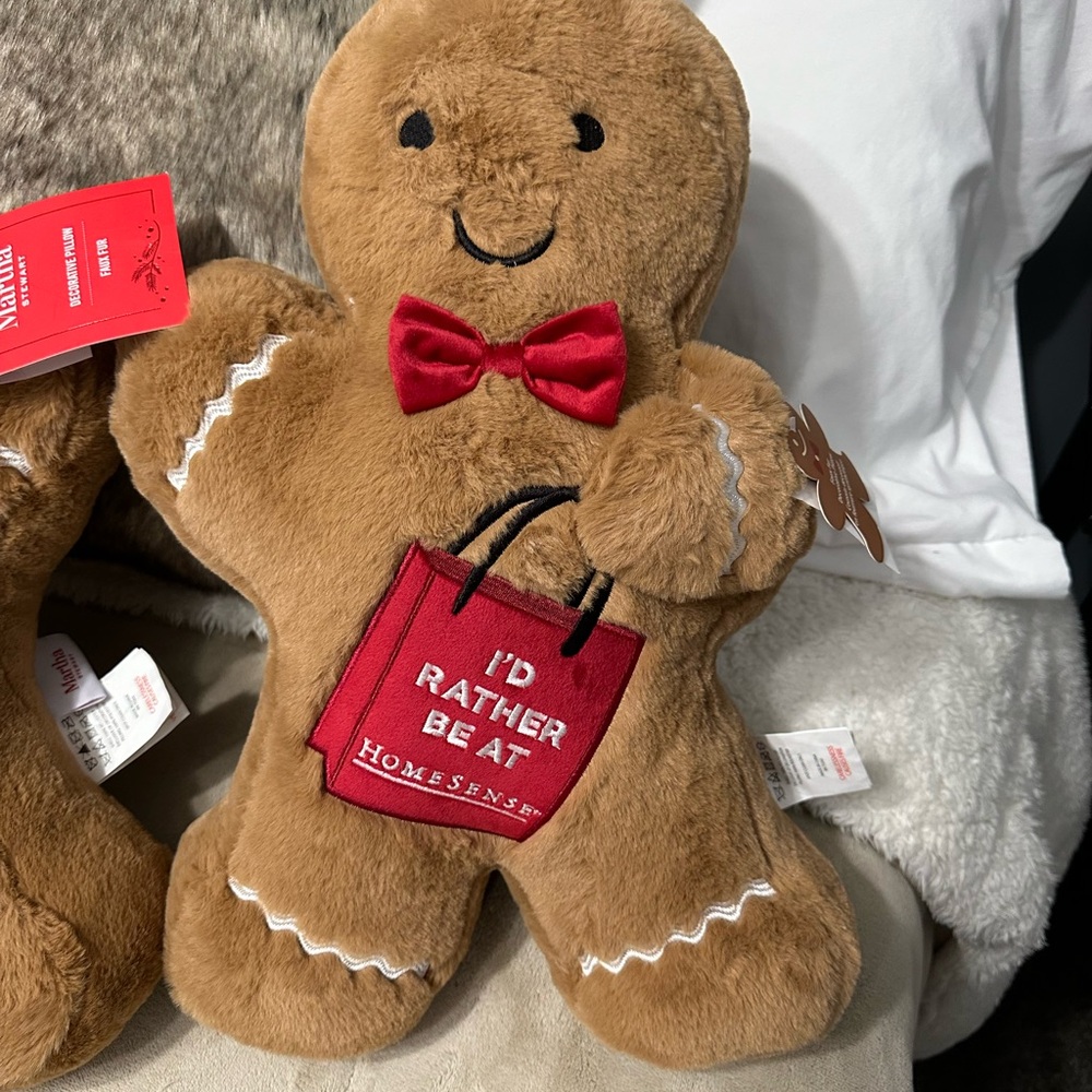 Gingerbread Plush Pillow with Red Bow and Bag